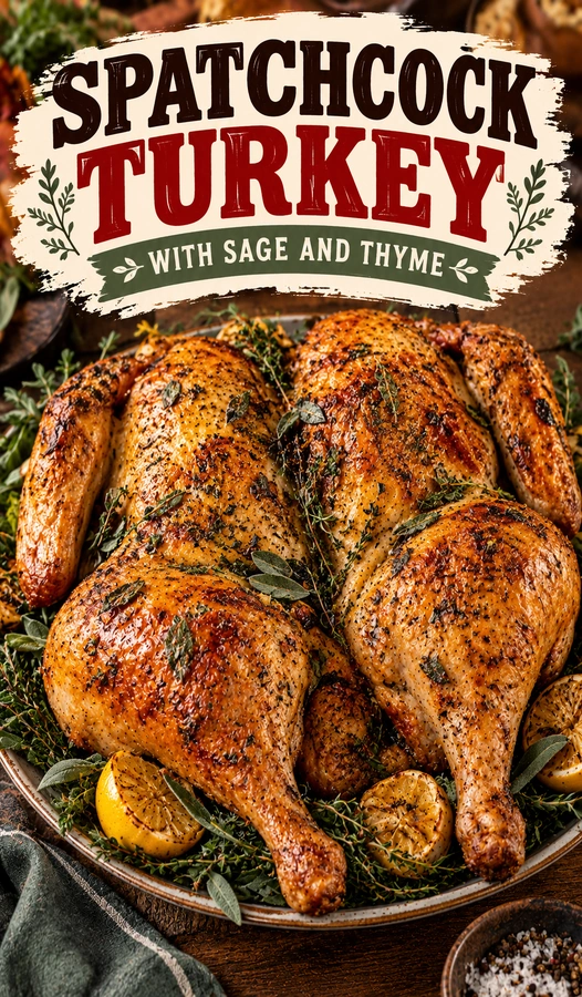 A golden-brown spatchcocked turkey roasted on a sheet pan, garnished with fresh sage and thyme sprigs.