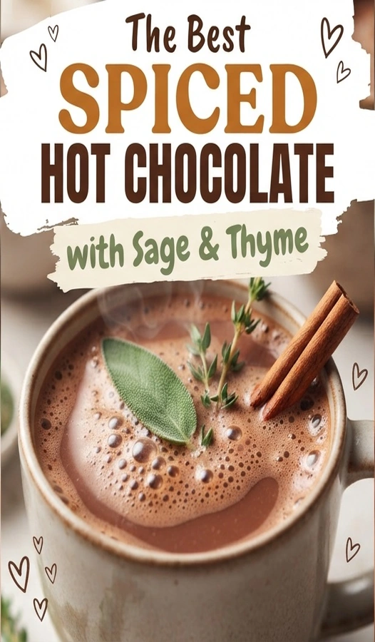 A mug of creamy hot chocolate topped with whipped cream and garnished with fresh sage and thyme sprigs.