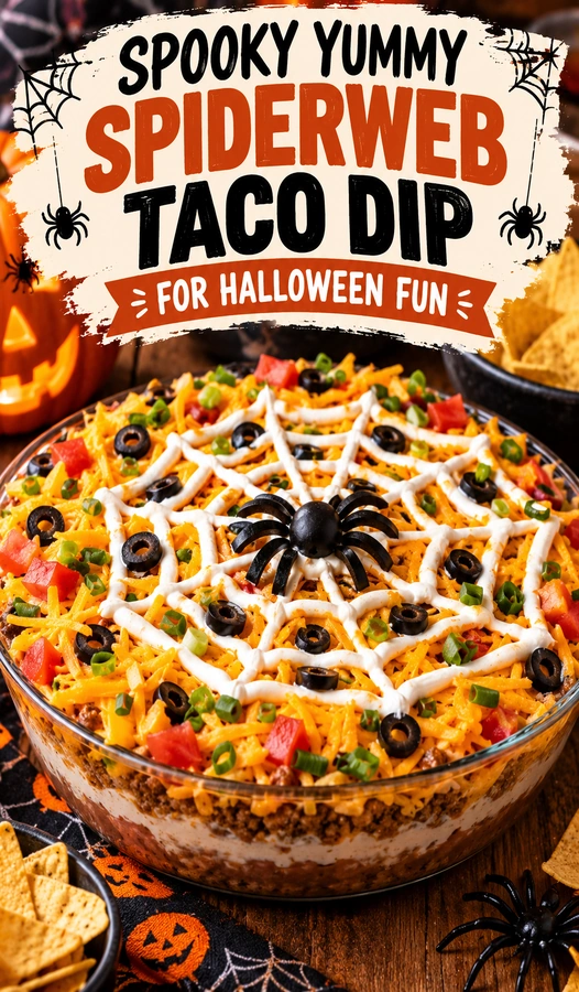 A layered taco dip topped with sour cream swirled into a spiderweb pattern, surrounded by tortilla chips on a platter.