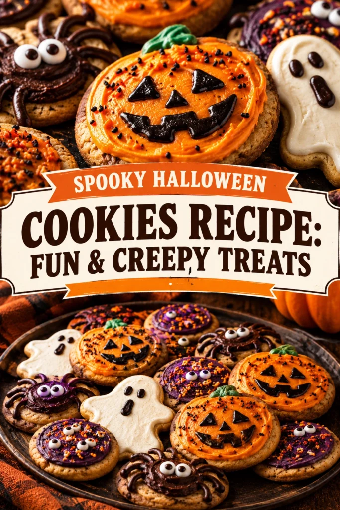 Assorted Halloween cookies decorated with orange and purple frosting, spooky ghosts, tiny pumpkins, and creepy spider web patterns.