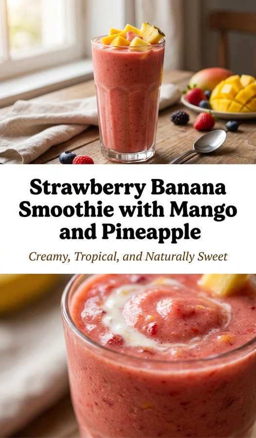 A thick strawberry banana smoothie with mango and pineapple in a glass, garnished with a fresh strawberry slice.