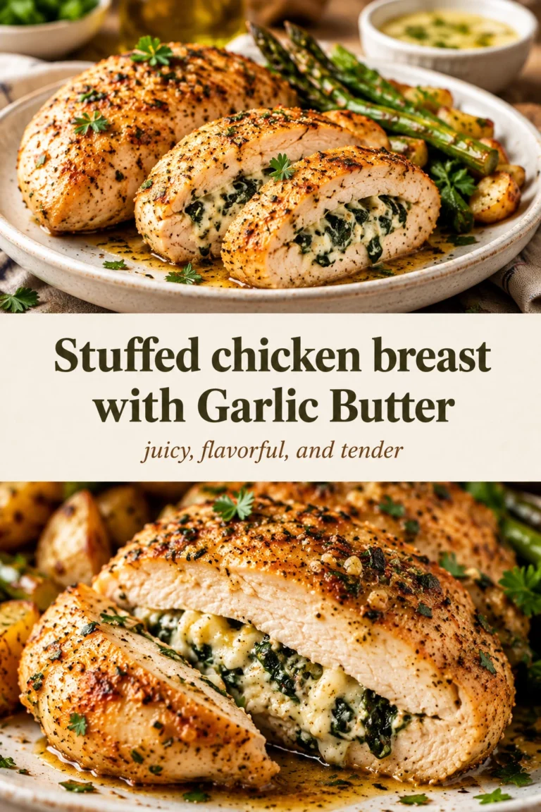 Sliced stuffed chicken breast drizzled with garlic butter, showing a melted cheese and spinach filling on a white plate.