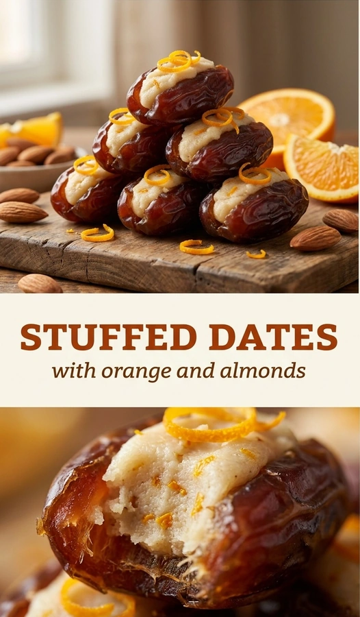 Pitted dates stuffed with sliced almonds and orange zest, arranged on a platter and garnished with fresh orange slices.