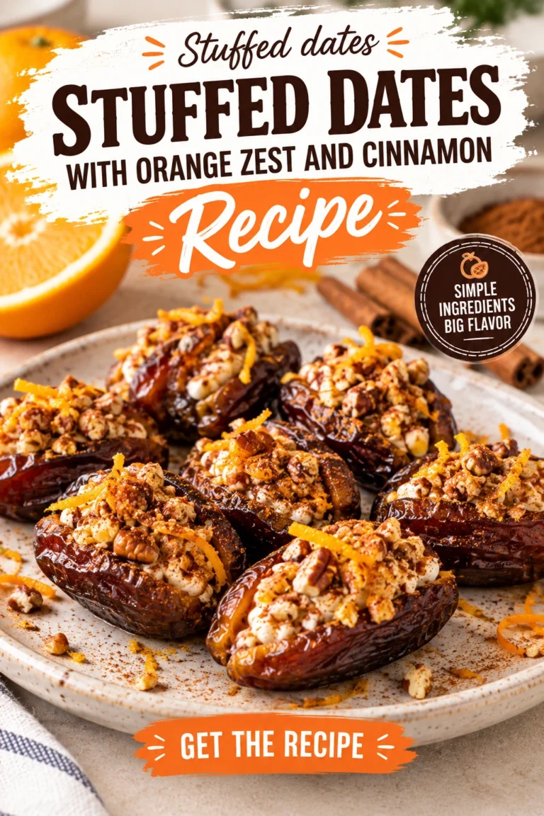 Pitted dates stuffed with a creamy filling, topped with orange zest and a sprinkle of ground cinnamon.