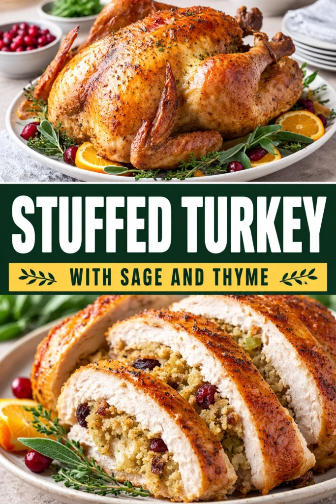 Roasted golden-brown whole stuffed turkey on a platter, garnished with fresh sage and thyme sprigs and roasted vegetables.