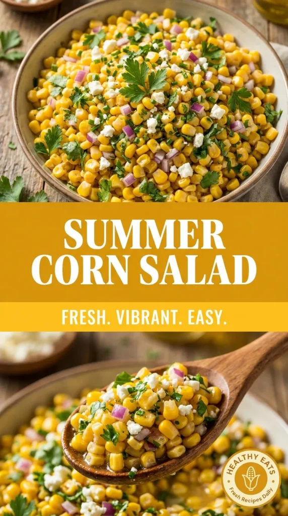 Fresh corn salad with red onion, cherry tomatoes, and herbs in a white bowl, drizzled with champagne vinaigrette dressing.