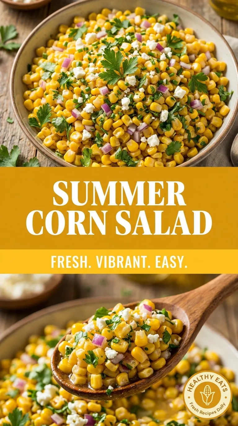 Fresh corn salad with red onion, cherry tomatoes, and herbs in a white bowl, drizzled with champagne vinaigrette dressing.