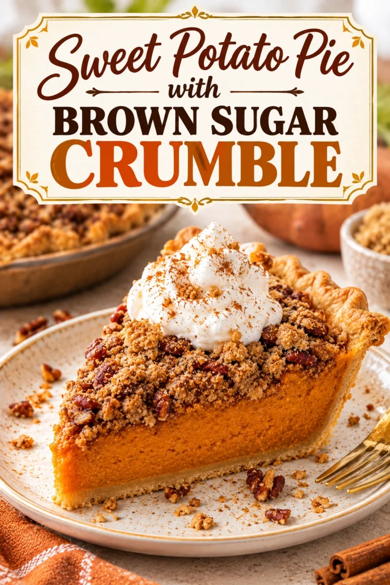 A slice of sweet potato pie topped with a golden brown sugar crumble crust on a white dessert plate.