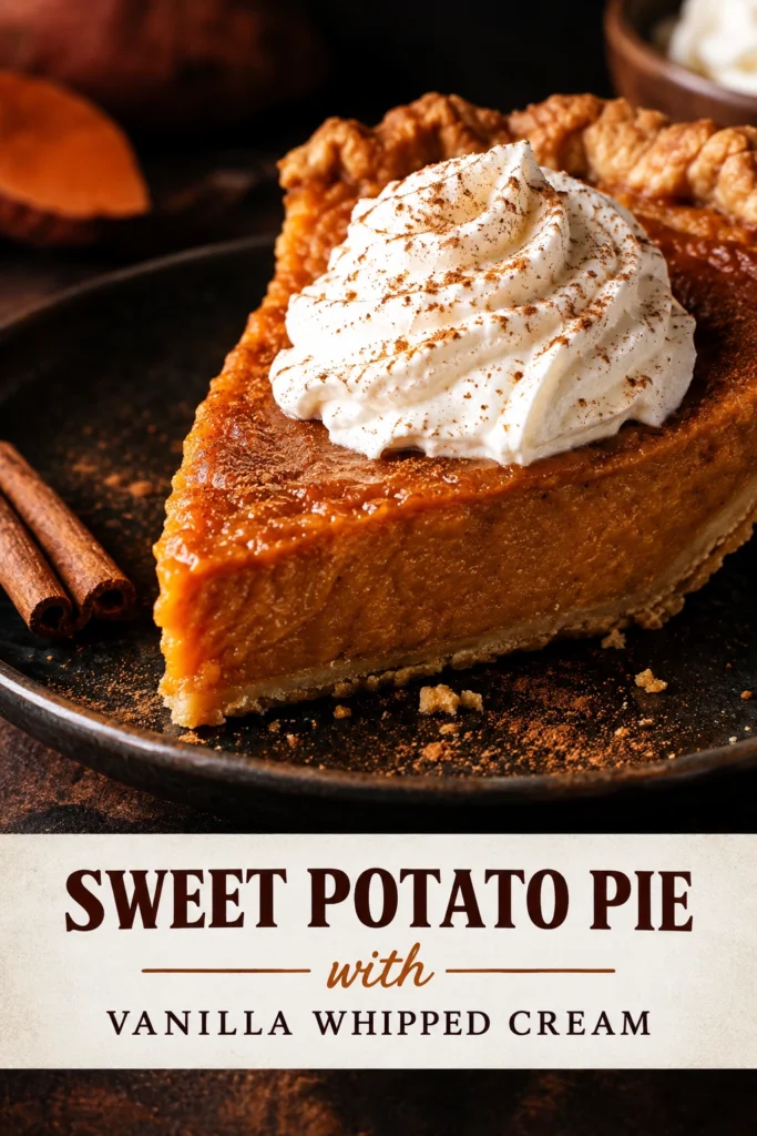 A slice of sweet potato pie topped with a dollop of vanilla whipped cream on a white ceramic plate.