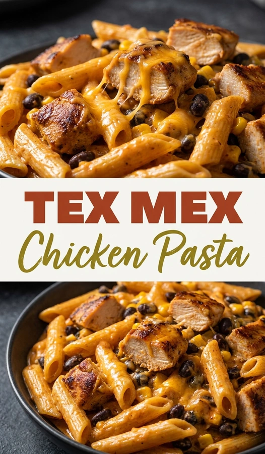 Creamy Tex Mex chicken pasta with melted cheese, corn, black beans, and diced tomatoes in a white serving bowl.
