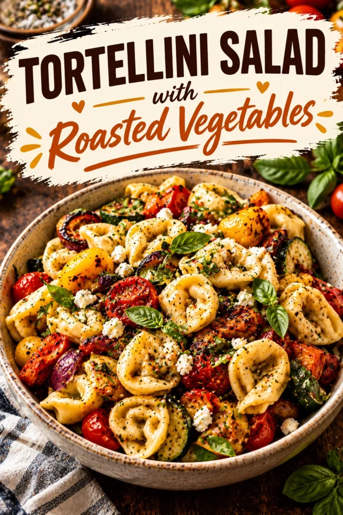 Tortellini salad with roasted zucchini, bell peppers, and red onion, tossed in a balsamic glaze and topped with parsley.