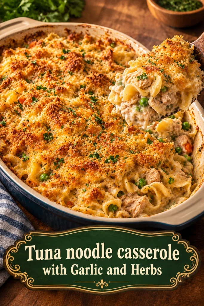Creamy tuna noodle casserole in a white baking dish, topped with golden brown breadcrumbs and fresh green parsley.