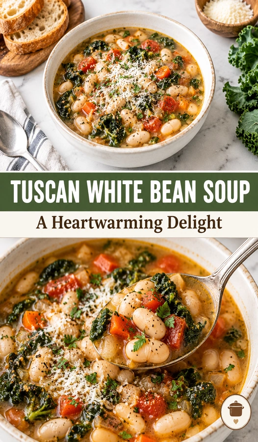A bowl of creamy Tuscan white bean soup with kale and carrots, topped with fresh parsley and cracked pepper.