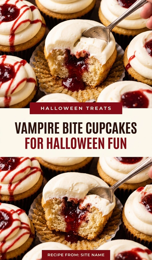 Chocolate cupcakes topped with white frosting, two small fondant fangs, and red jam dripping like blood for Halloween.