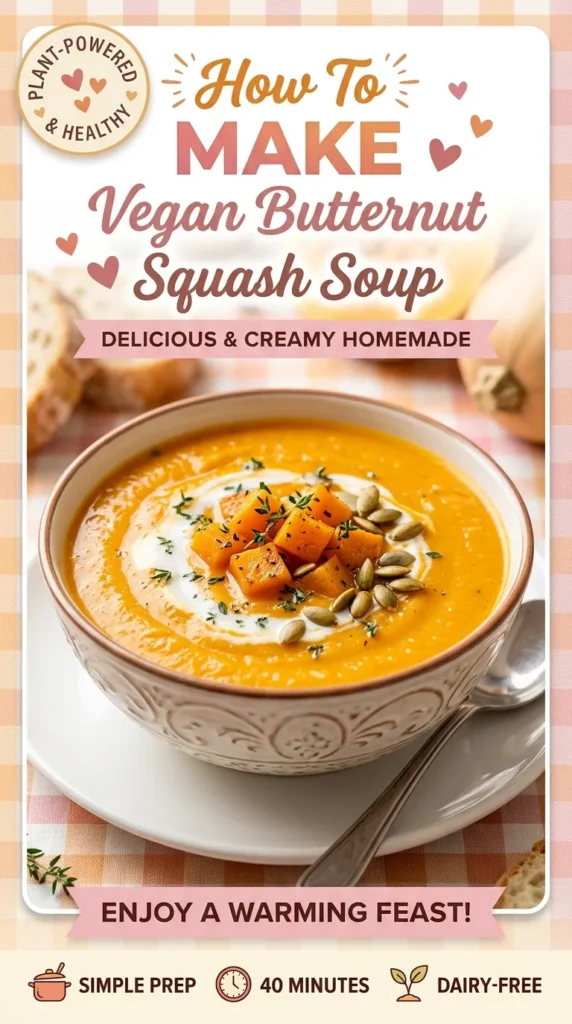 A bowl of creamy orange butternut squash soup topped with a swirl of coconut cream and fresh pumpkin seeds.