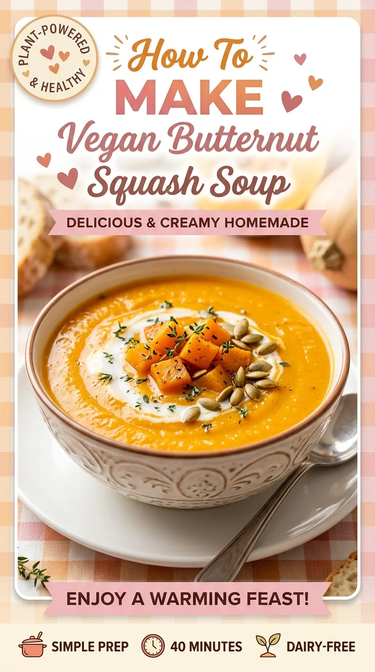 A bowl of creamy orange butternut squash soup topped with a swirl of coconut cream and fresh pumpkin seeds.