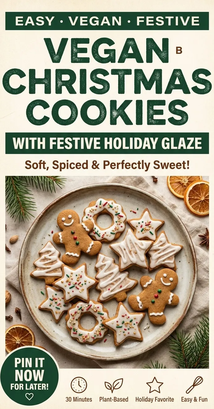 A pile of vegan Christmas cookies coated in cinnamon sugar, stacked on a plate with festive holiday decorations nearby.
