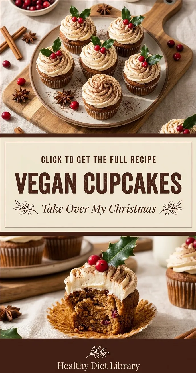 Vegan cupcakes with swirls of white frosting and festive red berries, arranged on a platter for a Christmas celebration.