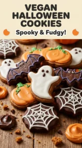 Vegan Halloween cookies topped with dark midnight frosting and spooky white icing designs on a cooling rack.