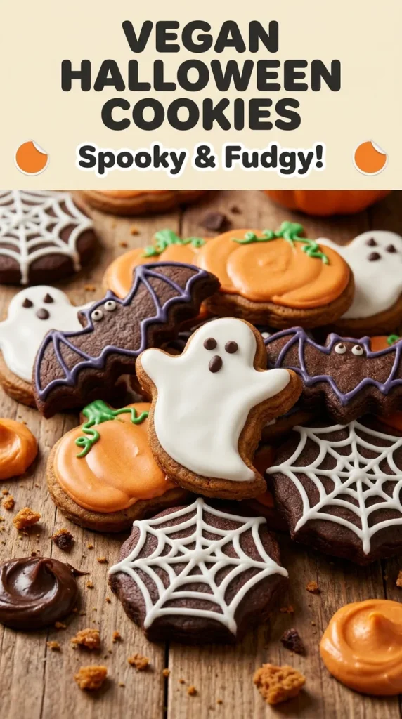 Vegan Halloween cookies topped with dark midnight frosting and spooky white icing designs on a cooling rack.