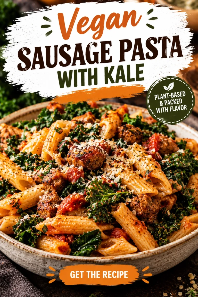 Bowl of penne pasta with sliced vegan sausage and wilted kale in a creamy garlic sauce, topped with pepper.