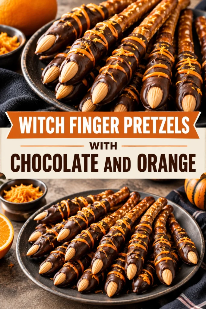 Long pretzel rods dipped in chocolate and shaped like fingers, featuring sliced almond nails and orange zest sprinkles.