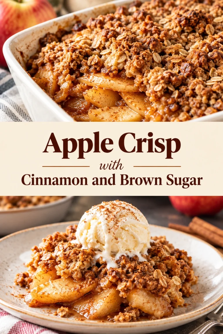 A scoop of apple crisp with a golden brown cinnamon oat crumble topping in a white ceramic bowl.