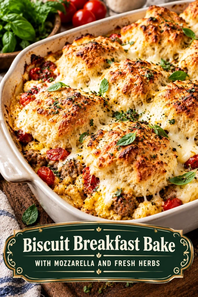Golden brown biscuit breakfast bake topped with melted mozzarella cheese and sprinkled with chopped fresh green herbs in a dish.