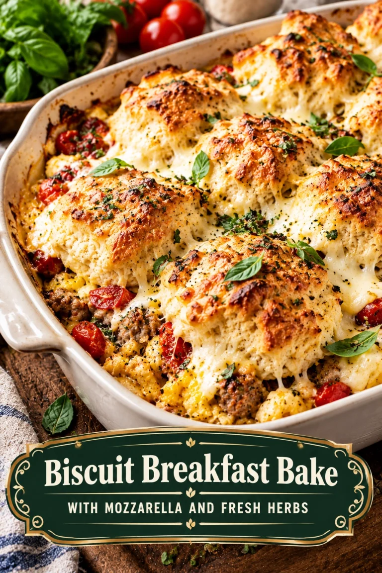 Golden brown biscuit breakfast bake topped with melted mozzarella cheese and sprinkled with chopped fresh green herbs in a dish.