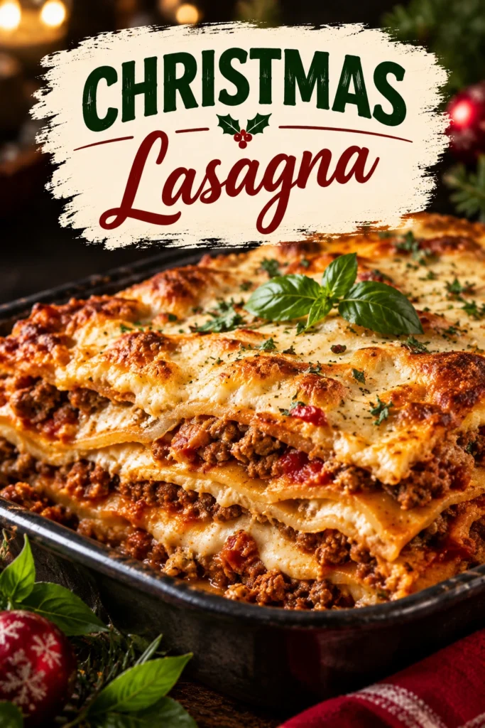 A slice of layered lasagna with rich meat sauce and melted three-cheese blend, served on a white dinner plate.