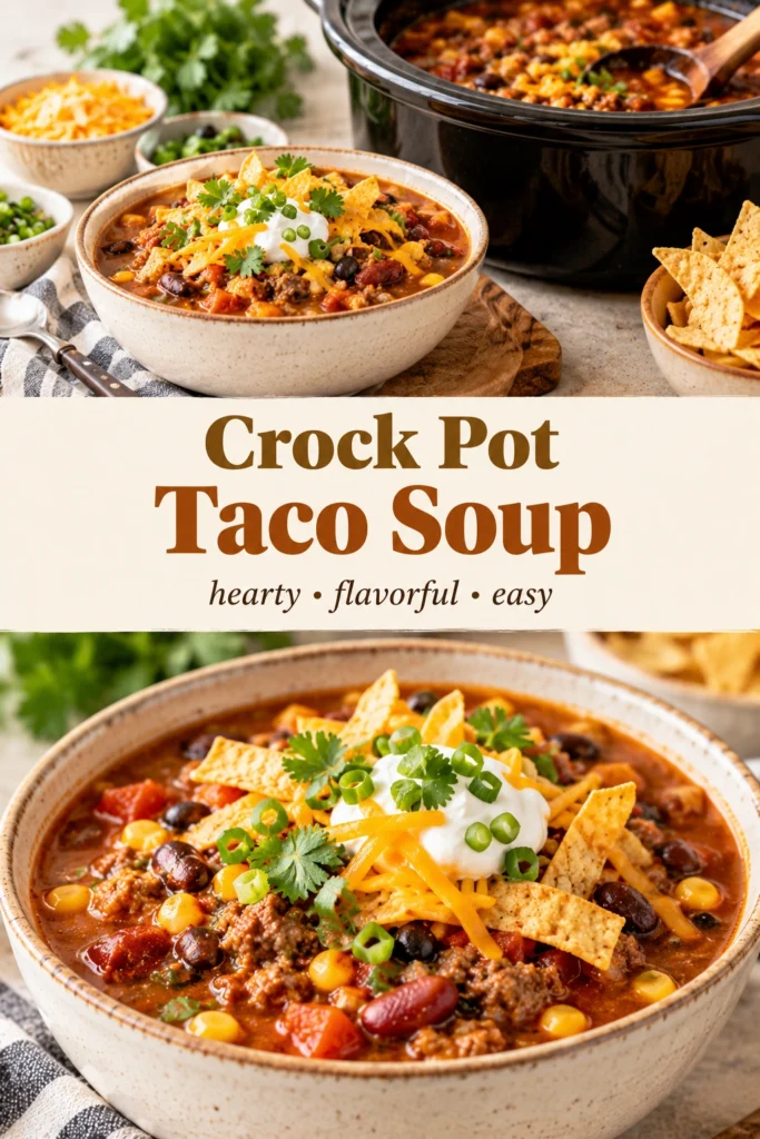 A bowl of hearty taco soup topped with shredded cheese, sliced jalapeños, avocado, and fresh cilantro.