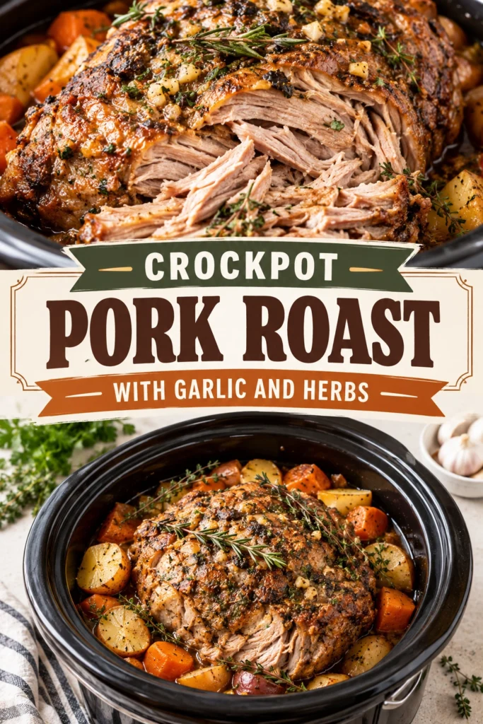 Tender slow-cooked pork roast topped with minced garlic and fresh herbs, served in a pot with savory brown gravy.