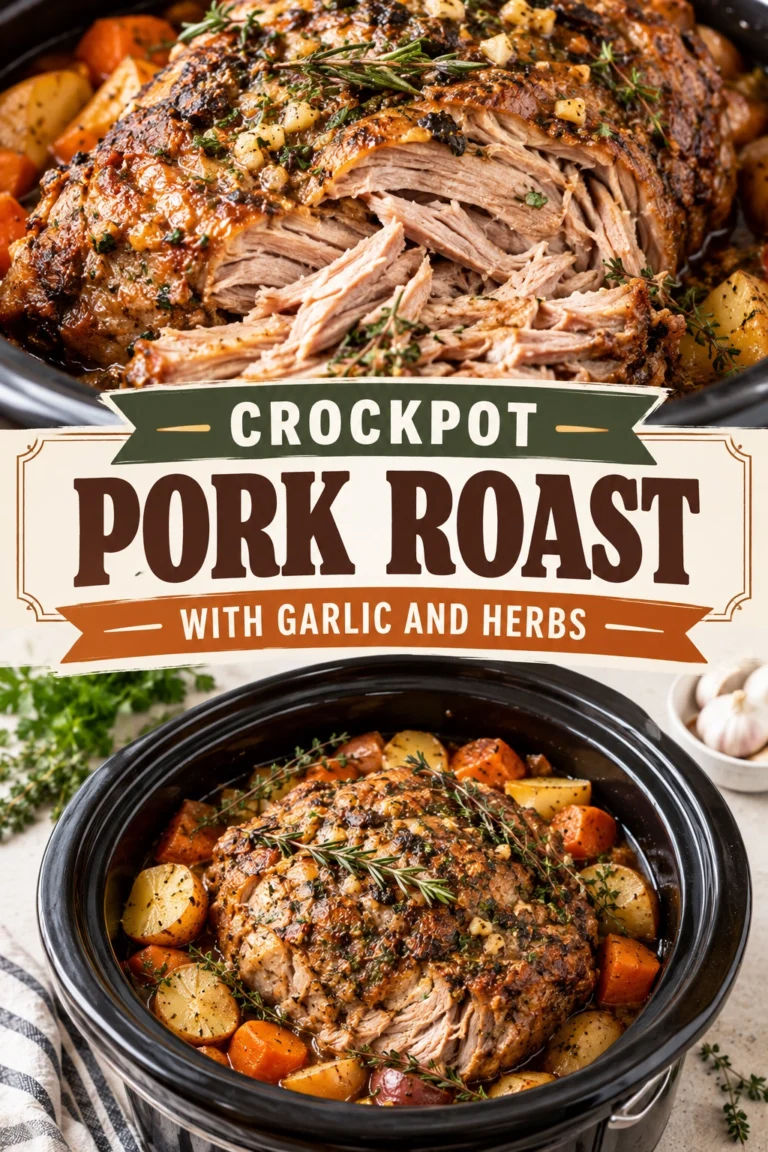 Tender slow-cooked pork roast topped with minced garlic and fresh herbs, served in a pot with savory brown gravy.