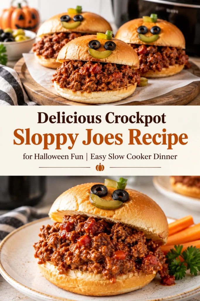 Two toasted hamburger buns filled with savory ground beef in a thick tomato-based sauce on a white plate.