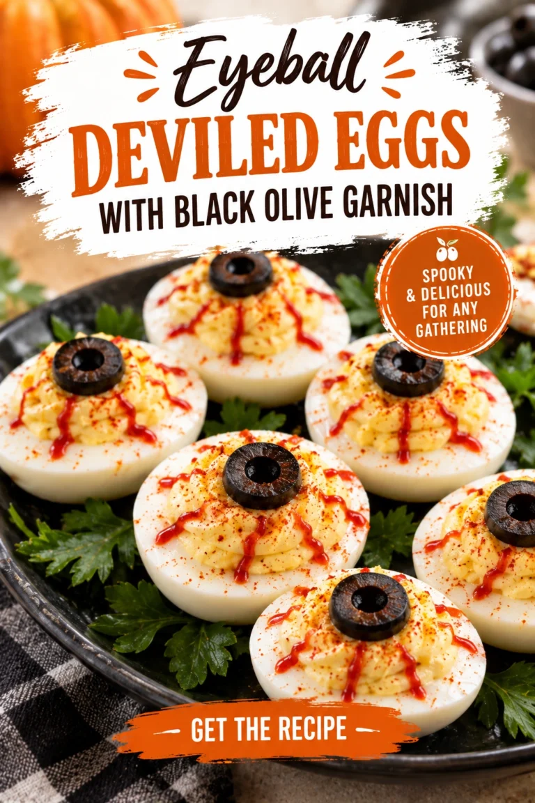 Deviled eggs filled with creamy yellow filling, topped with a black olive slice and a small piece of onion.