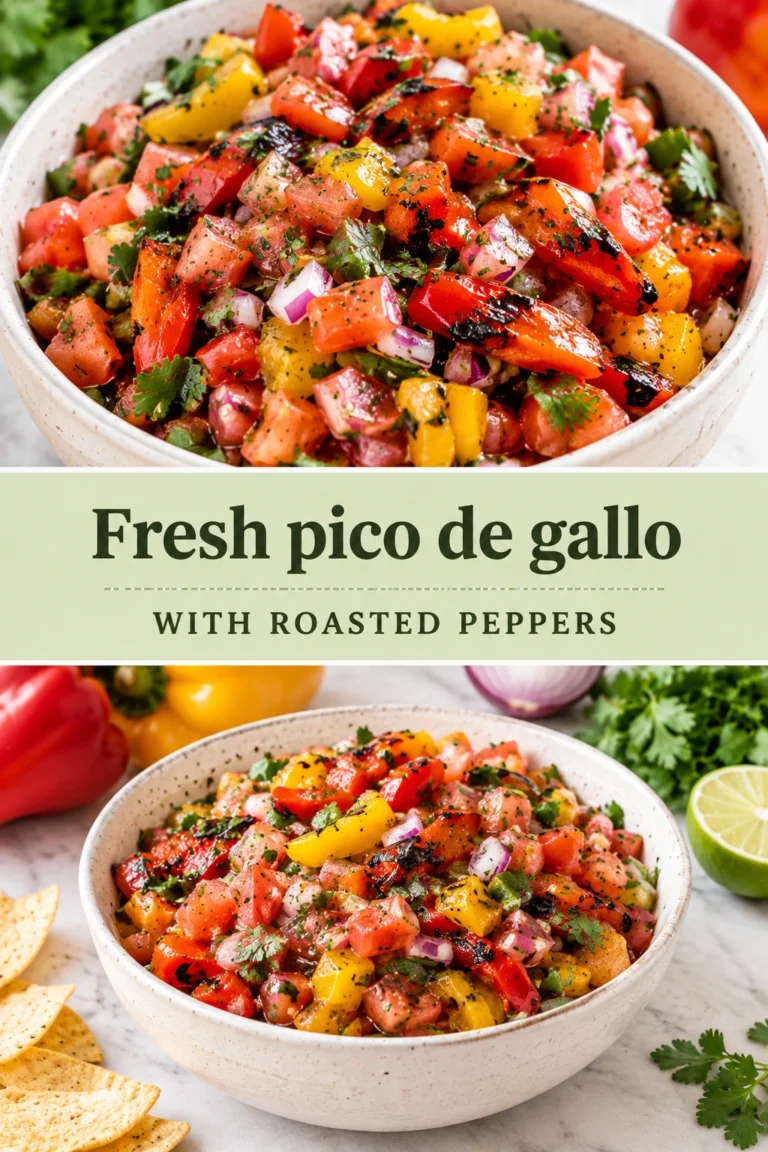 A bowl of fresh pico de gallo with diced tomatoes, onions, cilantro, and roasted red peppers topped with lime.