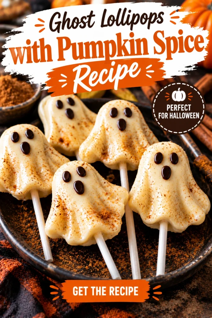 White chocolate ghost-shaped lollipops with small black eyes and orange pumpkin spice sprinkles on white lollipop sticks.