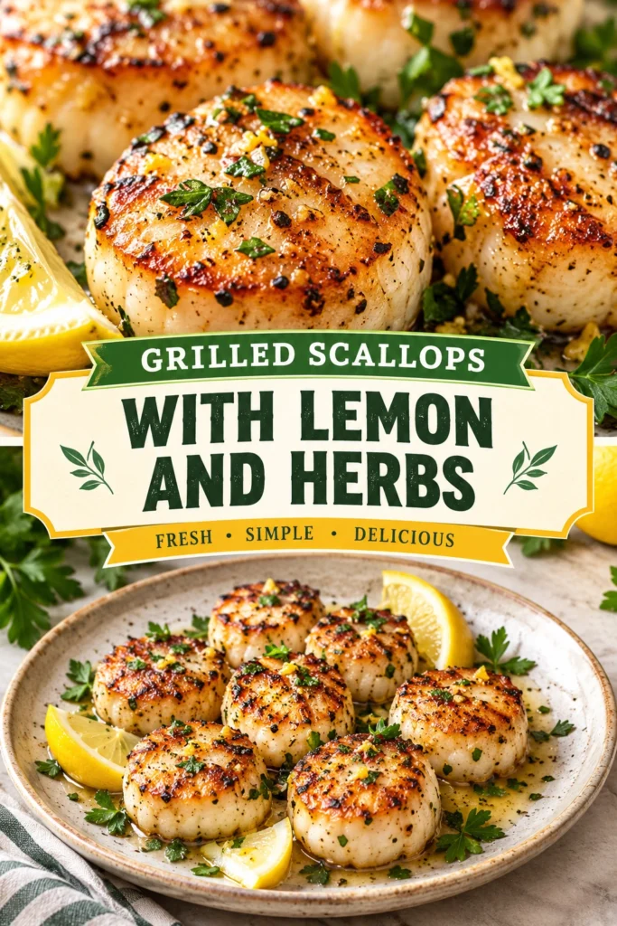 Seared scallops with golden-brown crusts garnished with fresh herbs and lemon slices on a white platter.