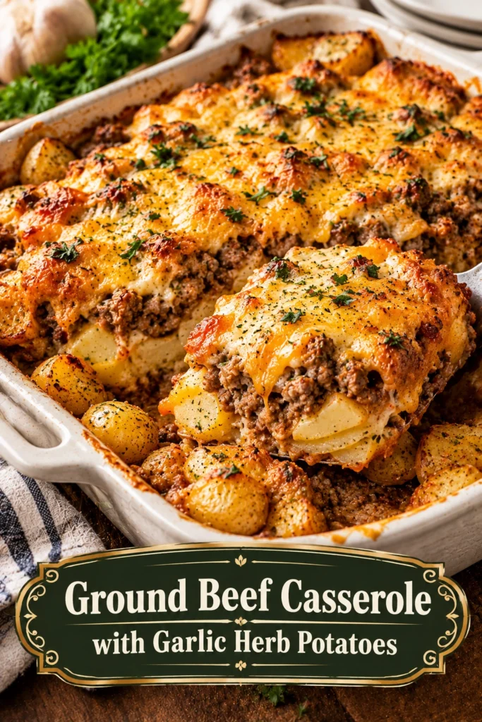A baked casserole of seasoned ground beef topped with sliced garlic herb potatoes, golden brown and served in a dish.