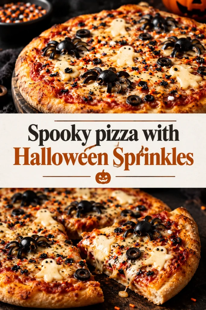 A round cheese pizza topped with orange and purple Halloween sprinkles and pepperoni slices shaped like spooky ghost faces.