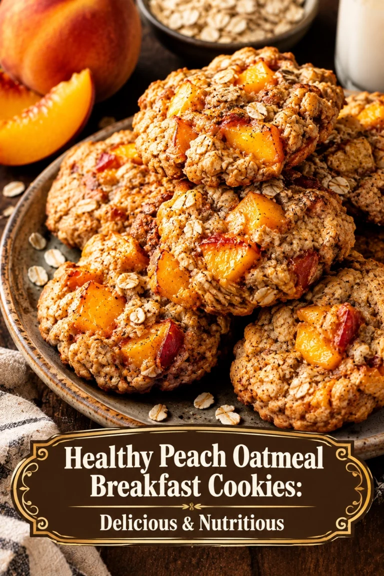 A stack of chewy oatmeal breakfast cookies with visible pieces of diced peaches on a rustic wooden surface.