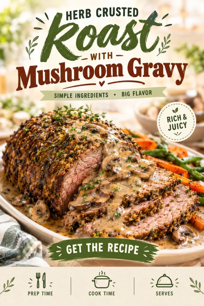 Sliced herb-crusted roast beef on a platter, drizzled with savory mushroom gravy and garnished with fresh parsley.