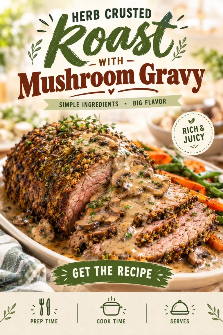 Sliced herb-crusted roast beef on a platter, drizzled with savory mushroom gravy and garnished with fresh parsley.