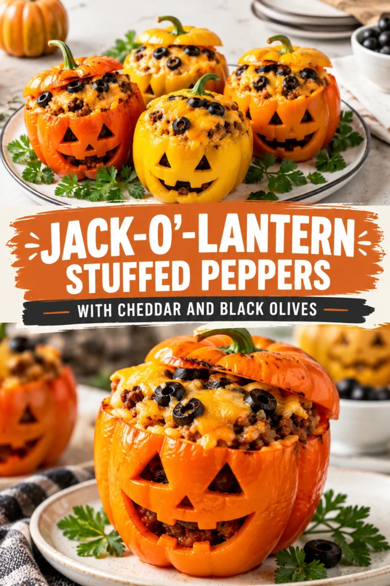Orange bell peppers carved like jack-o'-lanterns, stuffed with a cheesy filling and topped with melted cheddar and black olives.