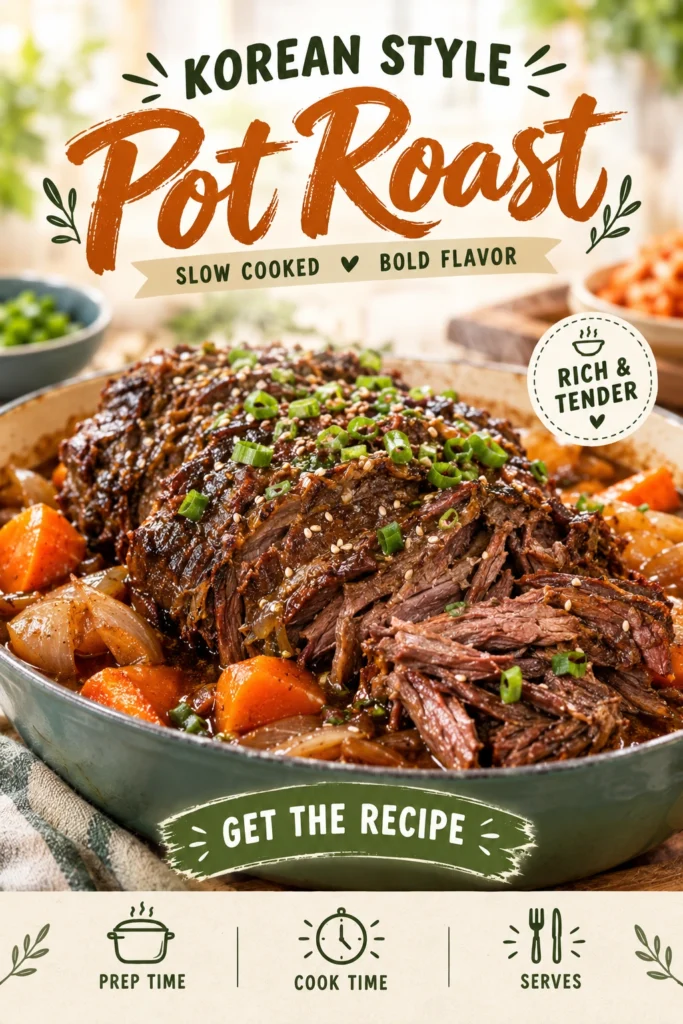 Tender slices of pot roast coated in a dark soy-ginger glaze, served with steamed carrots and broccoli on a platter.