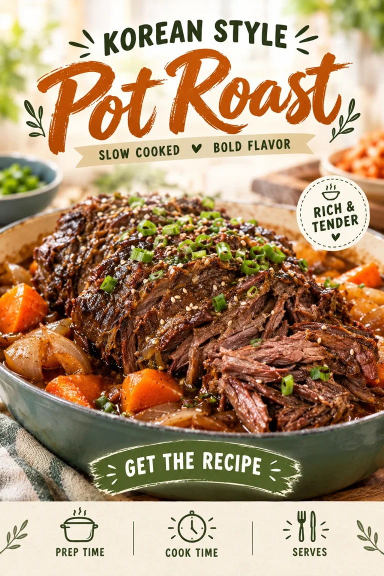 Tender slices of pot roast coated in a dark soy-ginger glaze, served with steamed carrots and broccoli on a platter.