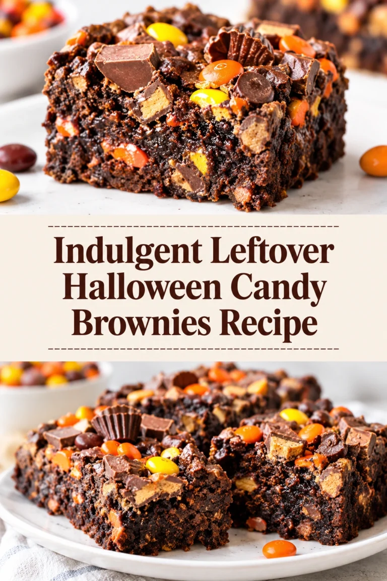 Fudgy chocolate brownies topped with a colorful assortment of melted Halloween candies, sliced into squares on a baking sheet.
