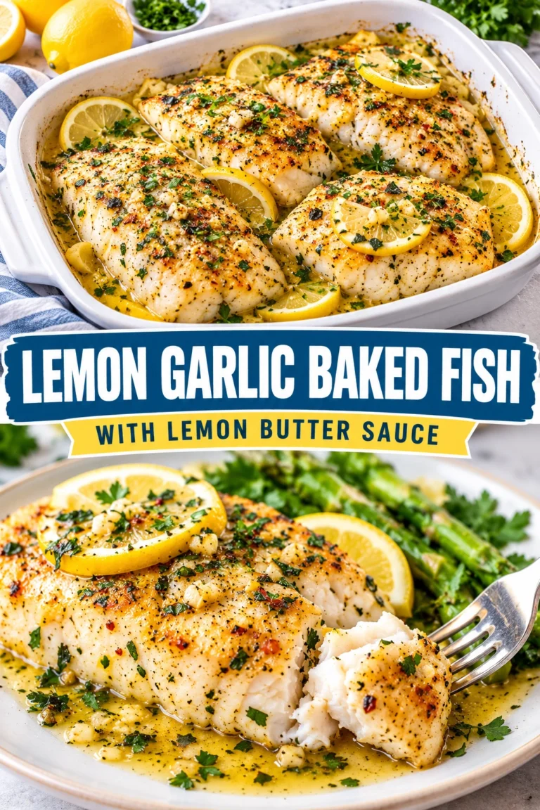 Baked white fish fillets topped with melted lemon butter sauce, minced garlic, and fresh parsley, garnished with lemon slices.