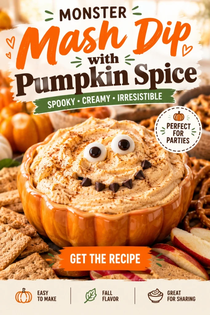 A creamy pumpkin spice dip topped with a swirl of cream and pumpkin seeds, served in a white bowl.