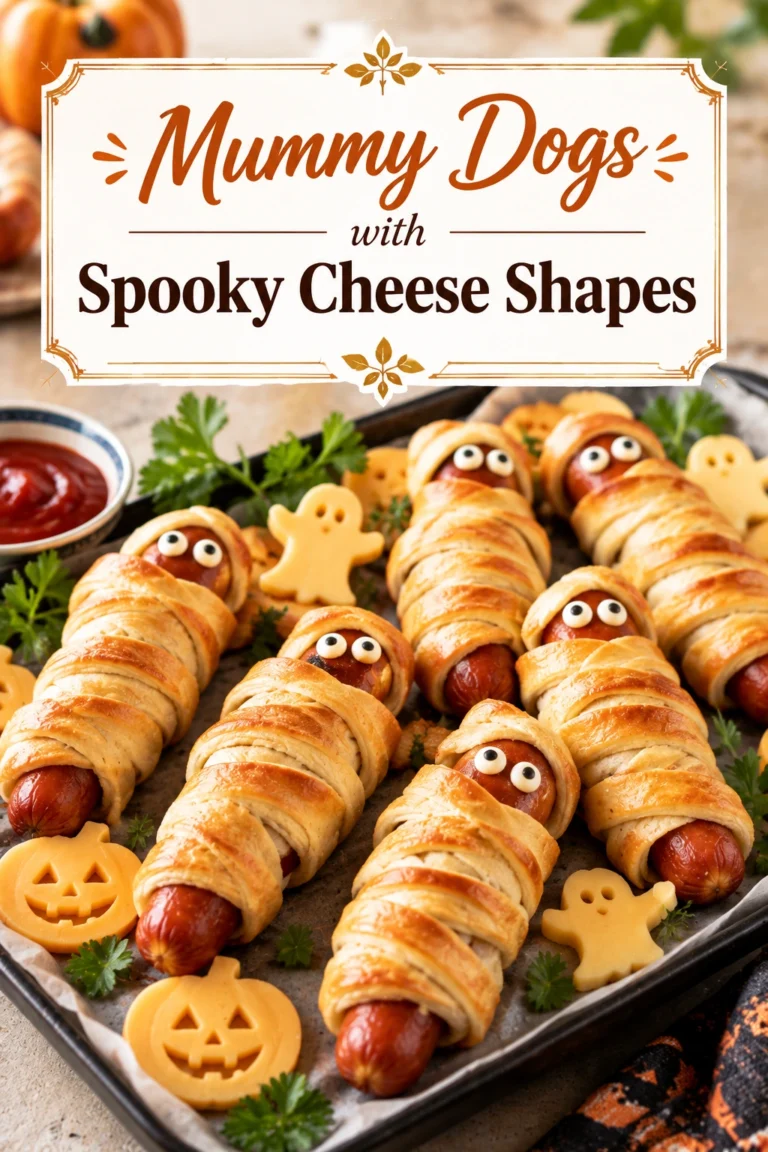 Mini hot dogs wrapped in pastry strips like mummies, topped with melted cheese cut into spooky ghost shapes.